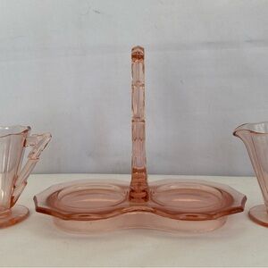 Pink Depression Glass Creamer, Sugar and Carrier w/Handle, Cambridge Decagon